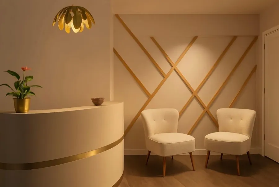 Reception area with a curved cream desk, gold trim, patterned wall and two boucle armchairs